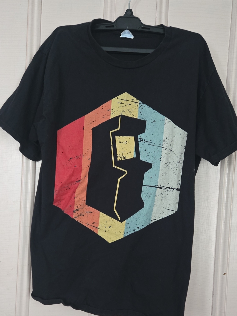 Black Short Sleeve Graphic Tee with Retro Hex Design